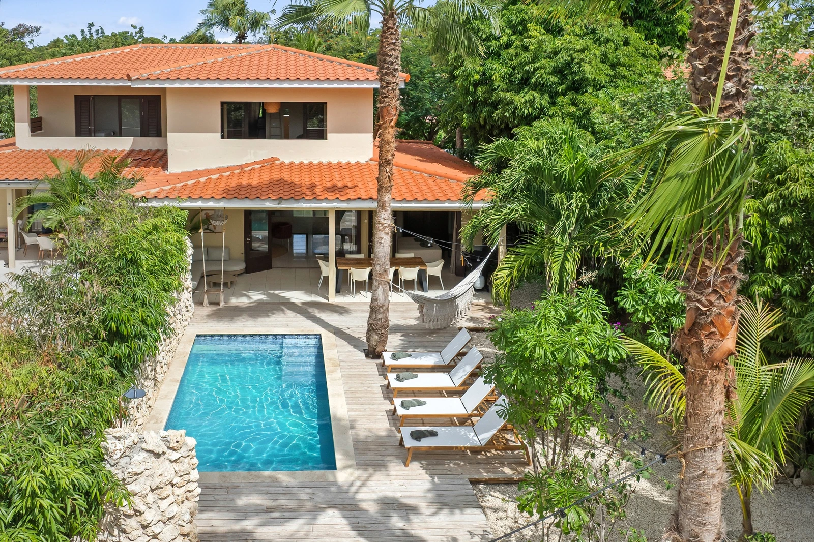 Aerial view of the villa surrounded by palms
